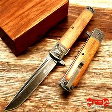 9" Brown WOOD HANDLE Samurai Spring Assisted Open Folding Blade Pocket Knife