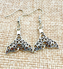 Silver Tone Filigree Whale Tails Earrings Ocean Lovers