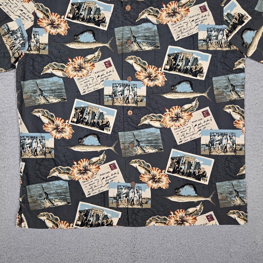 AFTCO Shirt Mens Large Miami Fish Postcards Beach Surf Casual Made in USA Logo