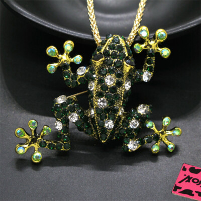 New Fashion Women AB Rhinestone Cute Green Frog Crystal Pendant Chain Necklace