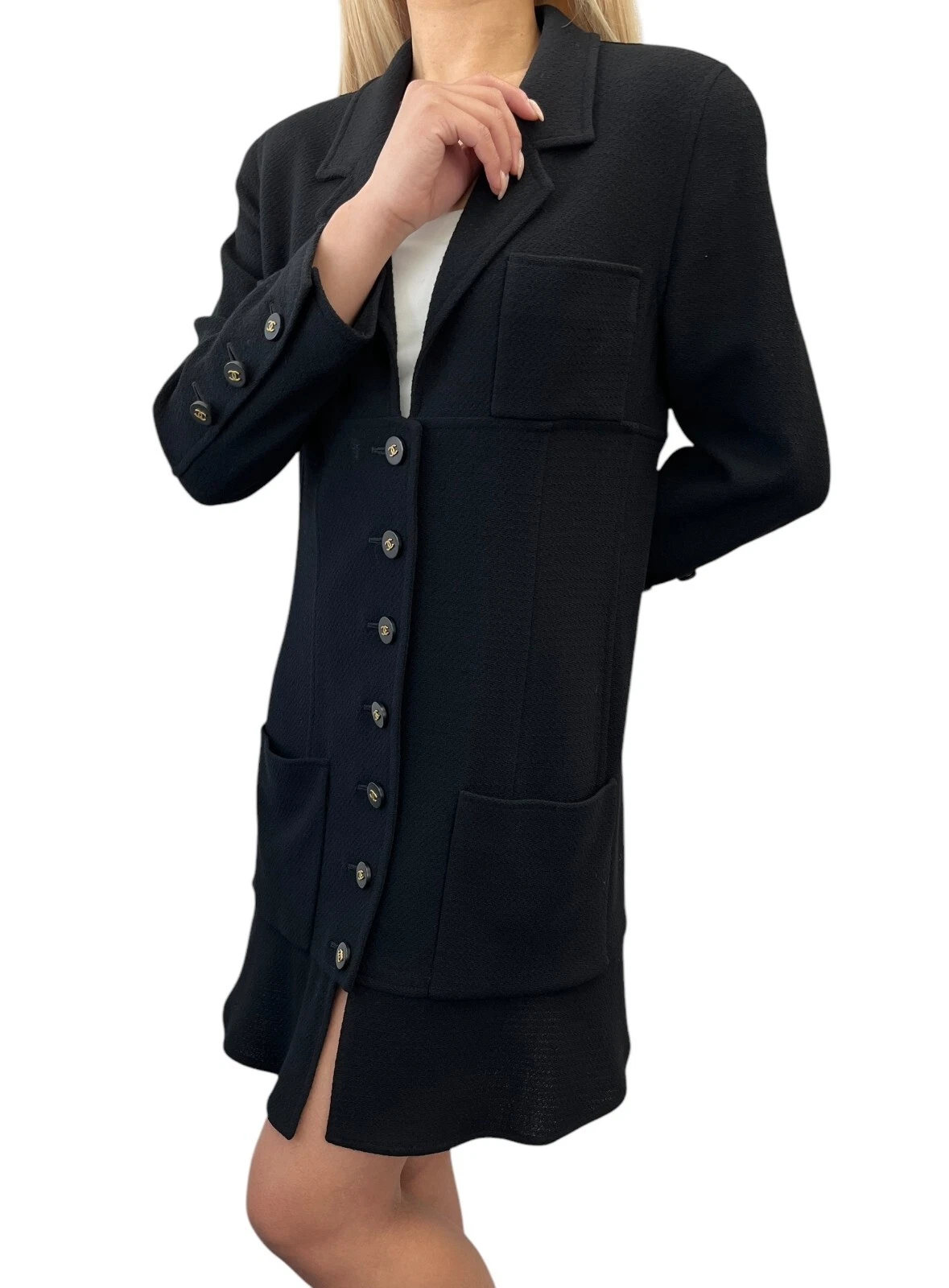 Giacca lunga CHANEL vintage logo CC bottoni nero oro lana collo tasca