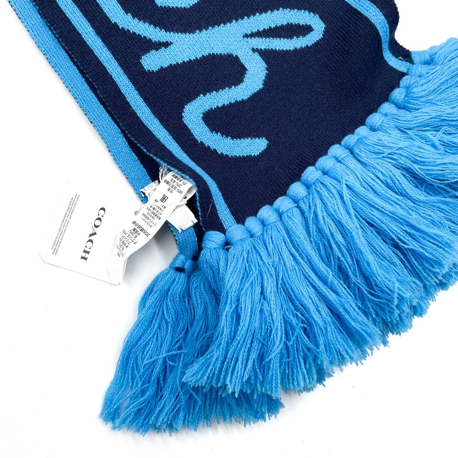 Coach Varsity Logo Knit Scarf Deep Blue Fringe-Trim Two-Tone Contrast Winter thumbnail 3