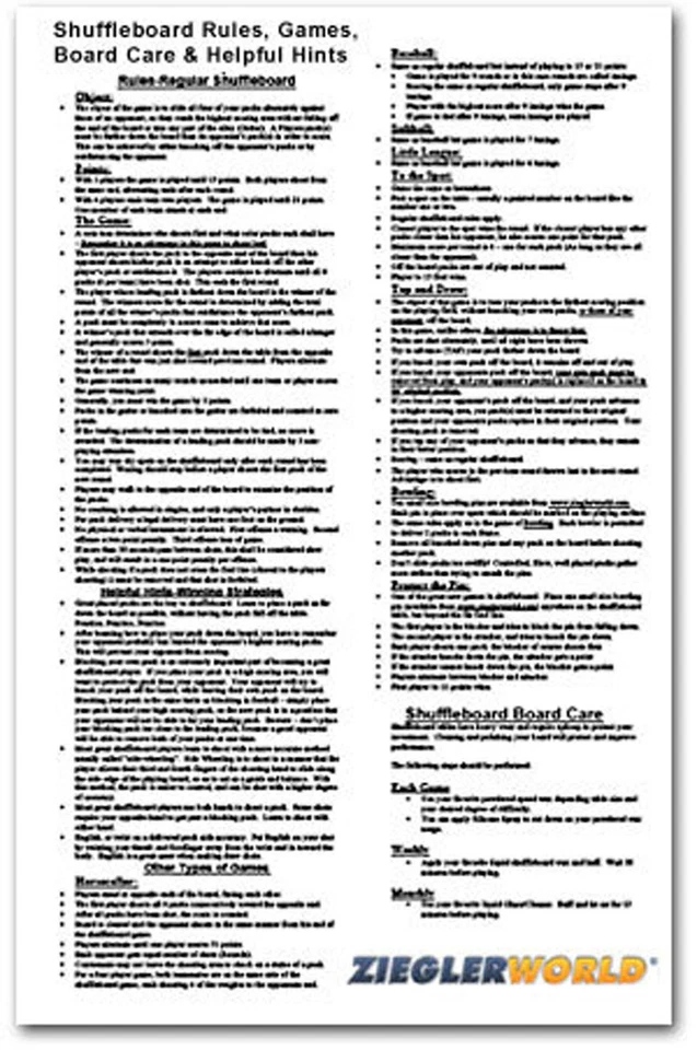 ZIEGLERWORLD HUGE - 22 x 34 - TABLE SHUFFLEBOARD LAMINATED RULE POSTER - NINE GAMES!