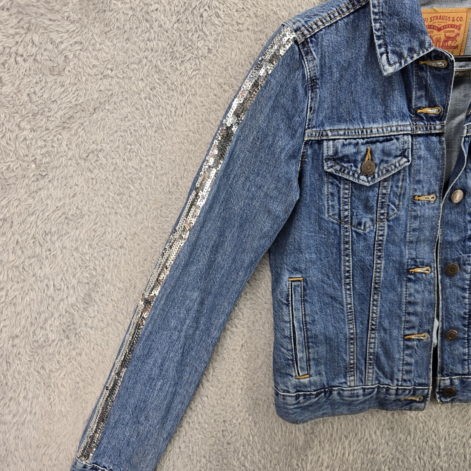 Levis Sequin Jacket Womens Small Silver Sequin Lo… - image 3
