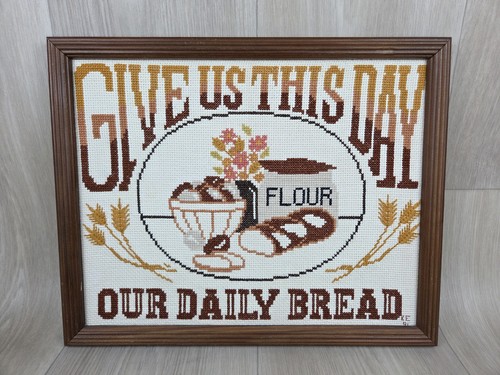 MCM Folk Vtg Daily Bread Cross Stitch Art Framed Country 12”x15” Farmhouse