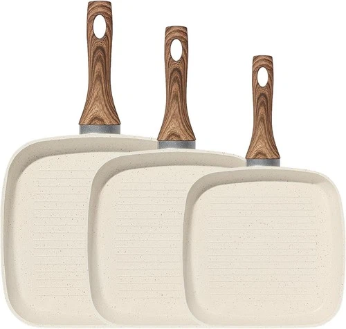 3Pcs Nonstick Grill Pans Square Frying Pans Set Camping Cooking Stay Cool Handle