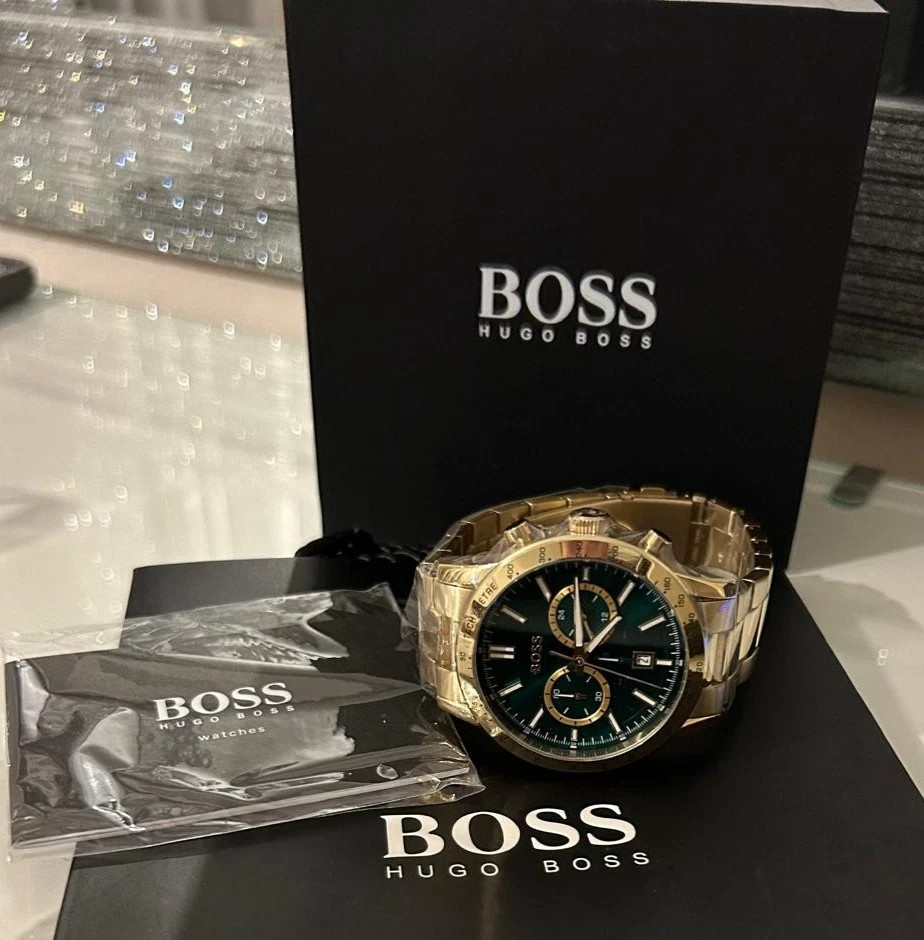 New HUGO BOSS HB1513923 Allure Gold Green Stainless Steel Chrono Mens Watch UK - Image 1