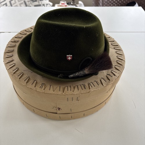 Vintage Fein Kaller Lurati Swiss Alpine Green Felt Oktoberfest Hat w/Pin & Box