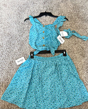 Speechless Girls 2pc Blue Floral Chiffon Button Tie Top Skort Set L