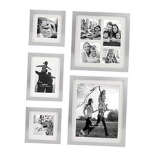Decorative Stamped Silver 5 Piece Photo Frame Set, Wall Hanging Display,