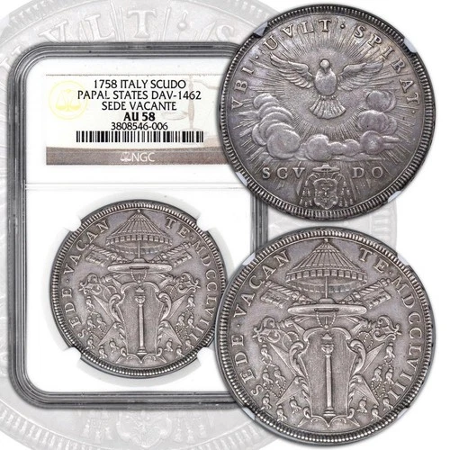ITALY Papal States Vatican 1758 Vacant Seat Scudo NGC AU 58 RARE Variant Unlist