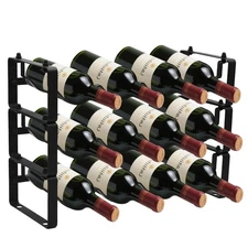 Black Wine Rack for 12 Bottles – Stackable & Expandable Metal Wine Bottle Hol...