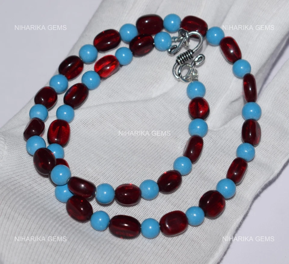 Laboratrio Rubino Pietra Turchese 925 Argento Nuovo Perline Natale Mamma Collana - Immagine 3 di 4