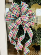 Handmade Large Spring Summer Easter Plaid Pastel Bow for Wreath Decor