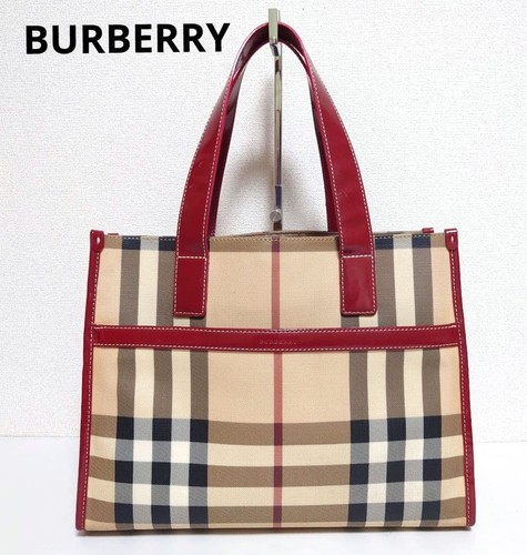 Burberry Nova Check PVC Leather Handbag Red Beige Tote Authentic Excellent Cond
