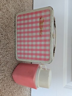 Vintage Pink Gingham Metal Lunchbox With Thermos