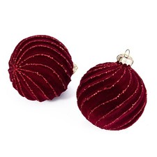SET OF 2 Red Velvet Flocked Ornaments, Glass Baubles, Christmas Globes 3.15"