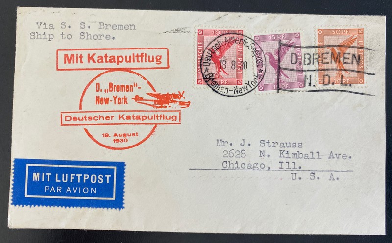 1930 Germany Catapult Ship To Shore Flight Cover SS Bremen To Chicago iL Usa
