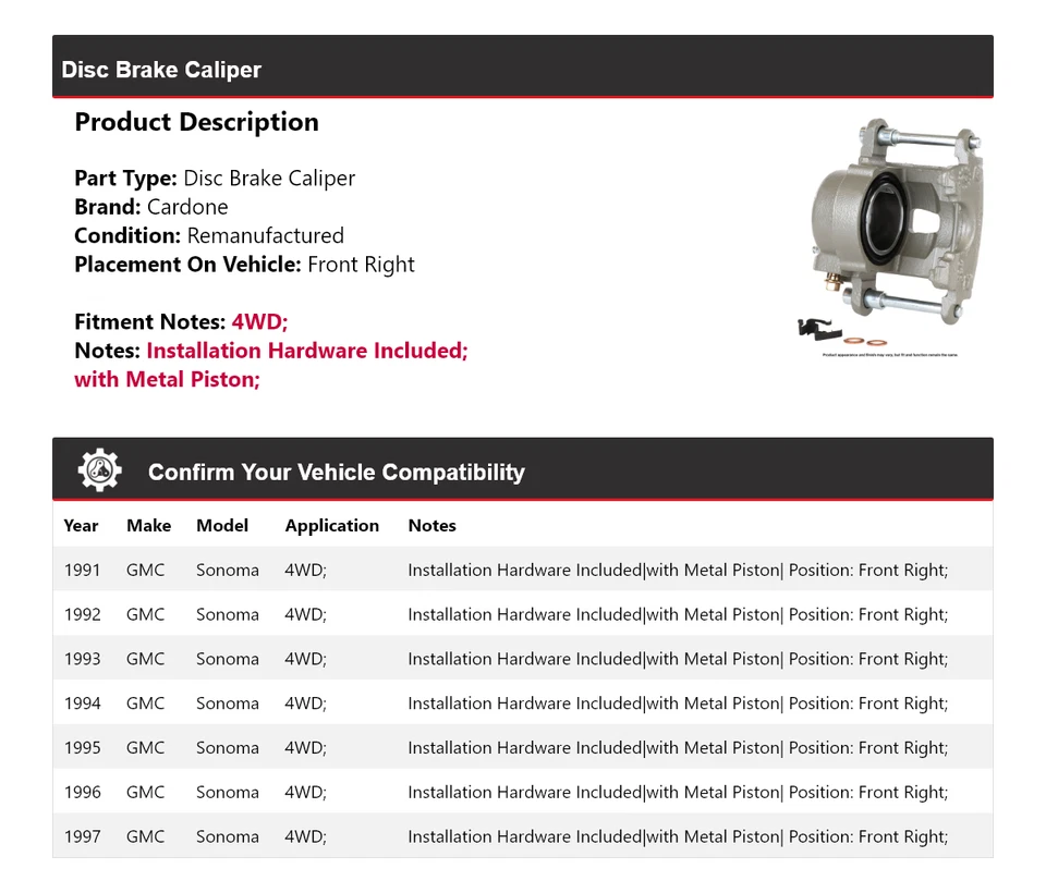 Pinza de freno de disco delantera derecha Cardone 1992 1993 para GMC Sonoma 1991-1997 4x4 Foto 2 de 4