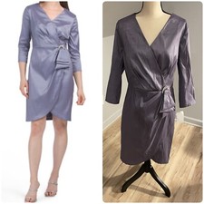 Alex Evenings Satin Faux Wrap Sheath Dress Sz 16 Lavender Jewel 3/4 Sleeve 169