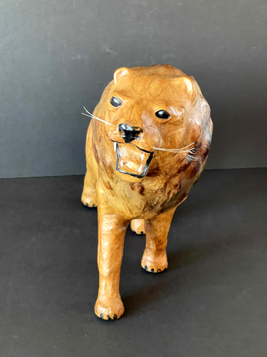 Large Vintage Leather Wrapped Lion Figurine 15 x 11 Teeth & Whiskers Excellent - Picture 2 of 7