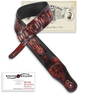 Walker & Williams GB-162 Bourbon Brown Padded Strap with Oak Leaves & Texas Star