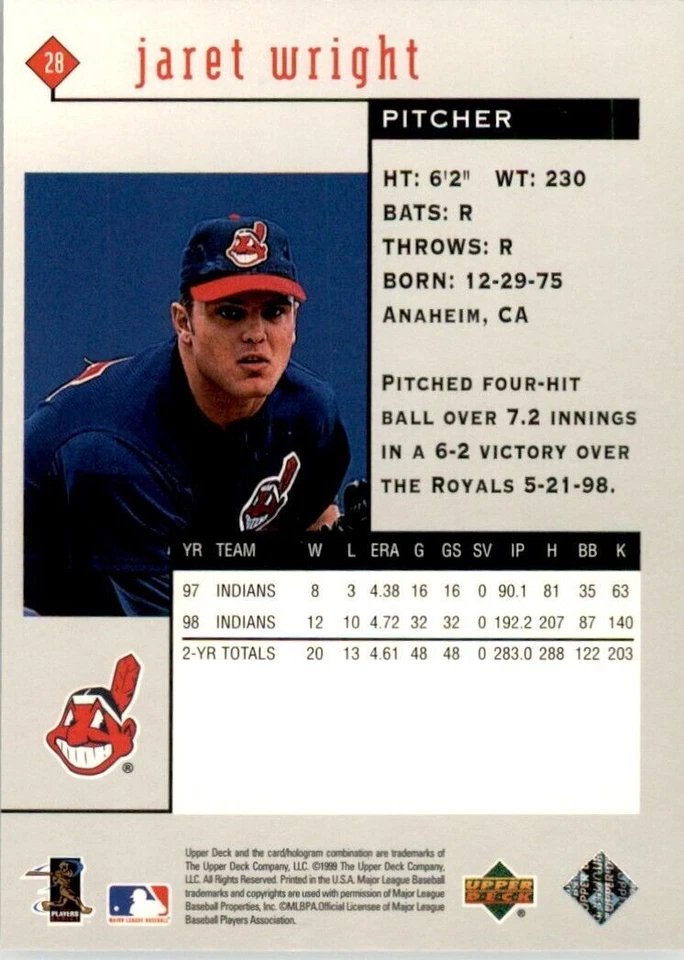 1999 Upper Deck Black Diamond Jaret Wright . Cleveland Indians #28 - Image 2 of 2