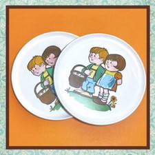  2 Vtg Chilton Toys Aluminum Specialty Toy Tea Set Plates -Jack  Jill - 4.25  
