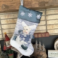 Vintage Blue White Playful 3D Plush Christmas Holiday Stocking Moose Reindeer
