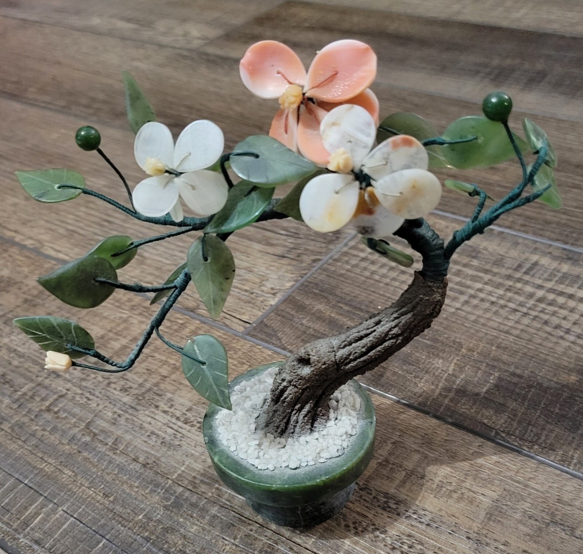 Vintage Carved Jade And Quartz Bonsai Tree Stone Flowers In
