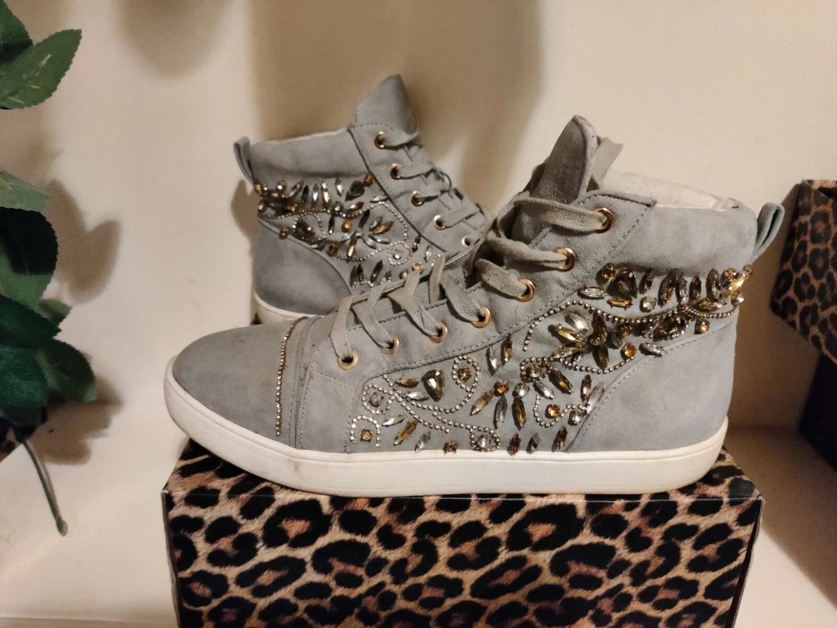River island High top Grey Suede Trainers Diamante Studded