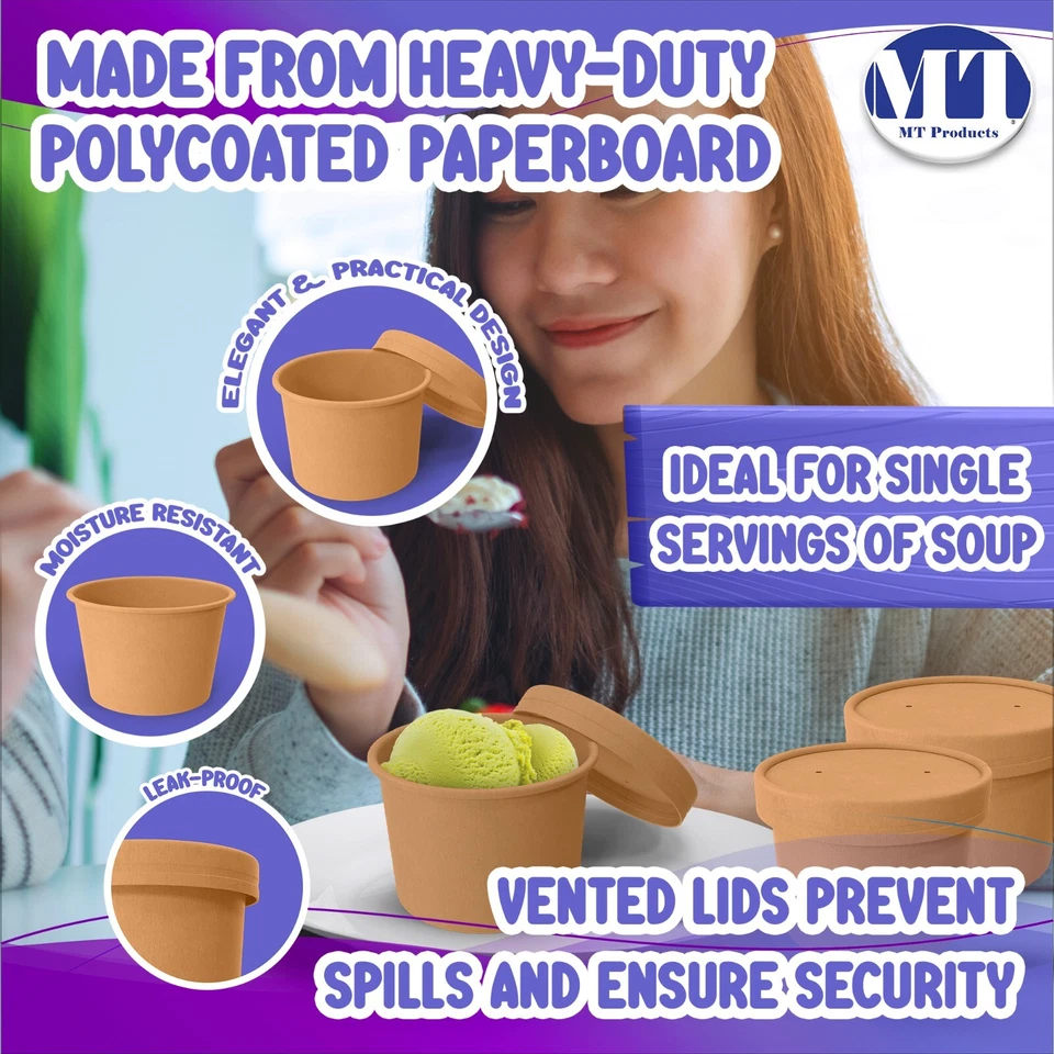 Одноразовые коричневые бумажные суповые чашки с крышками MT Products 8 унций — набор из 20 штук - Изображение 3 из 4