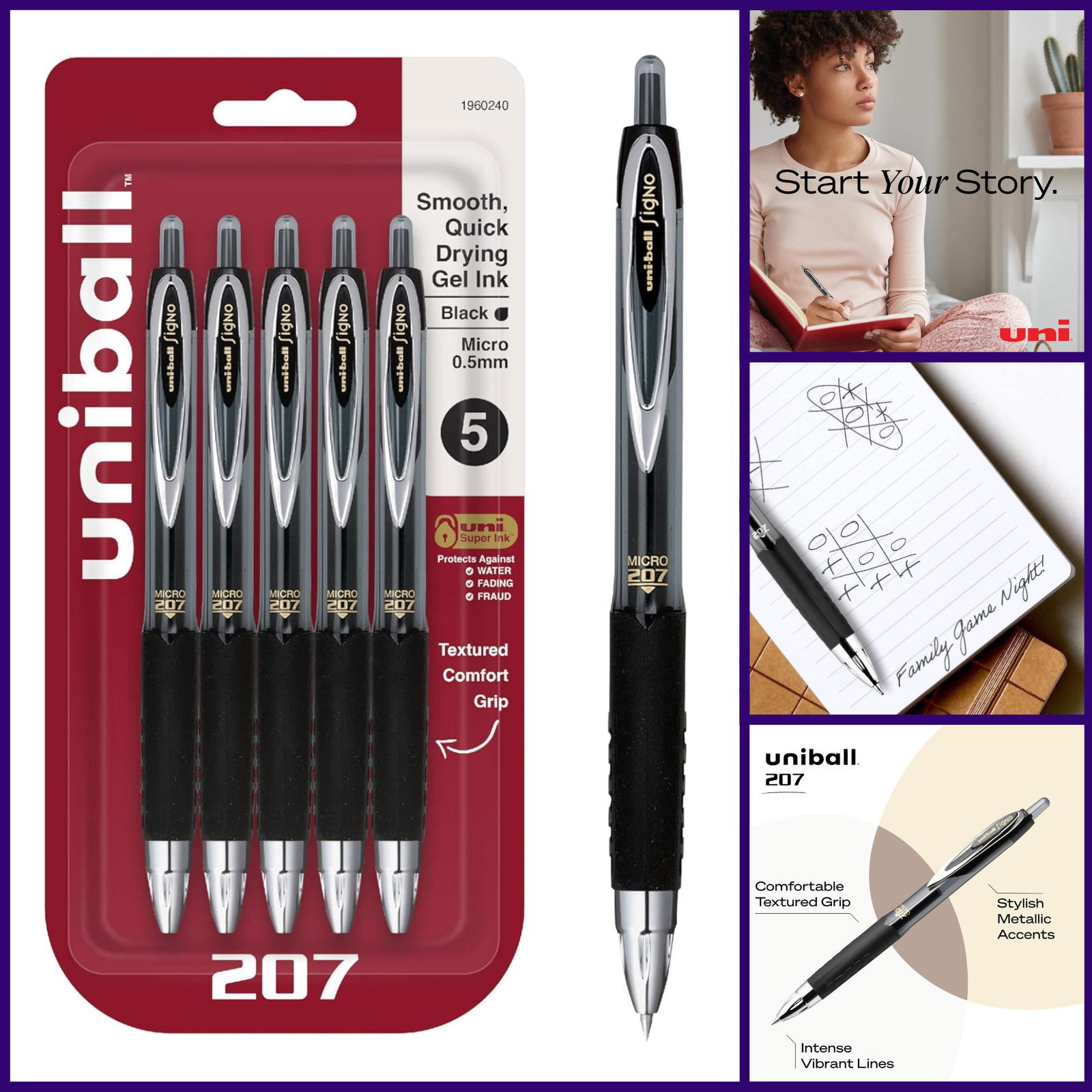 Uni-Ball Black Retractable Gel Pens 5 Pack with Fine Points 0.5mm, 207 Signo