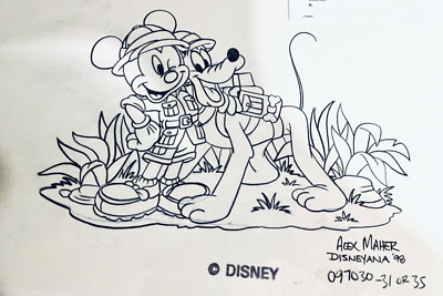 DISNEYANA PEN/PENCIL MICKEY & PLUTO CAMPING SKETCH BY ALEX MAHER DISNEY ANIMATOR