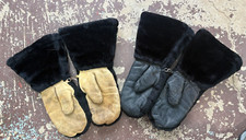 2 Prs Vintage Men's Buckskin Leather Faux Fur Winter Hunting Skiing Mittens 70s