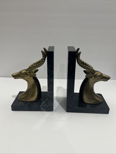 Vintage Gazelle / Antelope Stone Marble Brass BookEnds Mid Century Modern - Picture 2 of 13