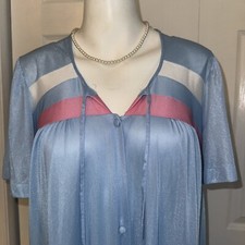 Vintage Baby Blue Maxi Night Gown Robe Button Up Silky Nylon Grannycore Womens M
