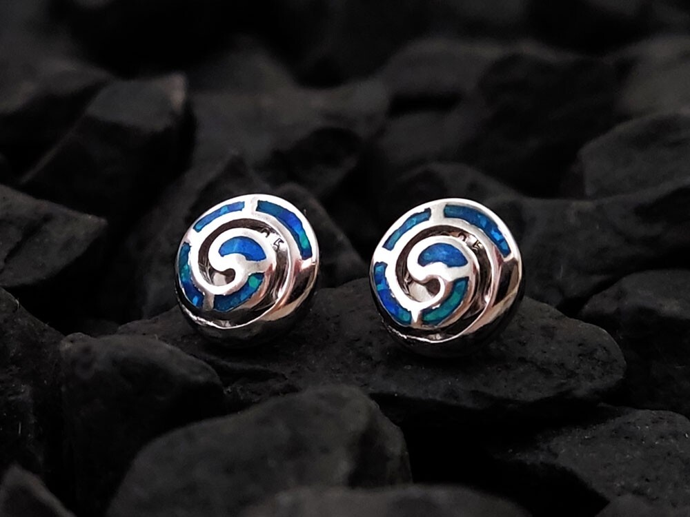 Greek Spiral Blue Opal Silver Studs Earrings 9mm Jewelry From
