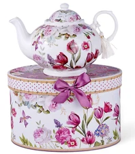 1-qt Tulip Bone China Teapot in Gift Box Porcelain Tea Pot Floral Pot