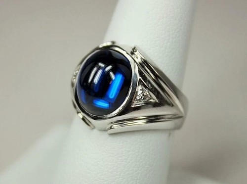 Art Deco Vintage 8.20 CT Blue Spinel Cabochon Shape & Round CZ 925 SS Ring - Picture 6 of 6