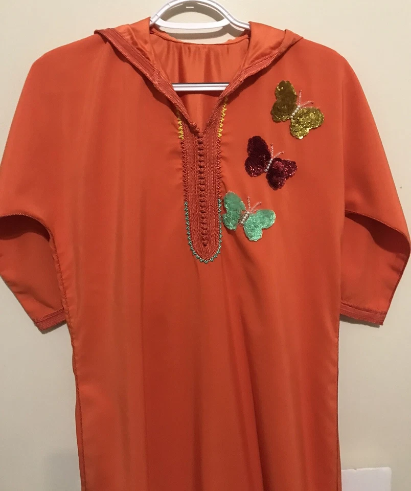 Vestido de fiesta Jalaba naranja con capucha para niña marroquí talla 8-10 Foto 2 de 4
