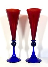 Coppia Bicchieri Flauti Campagna Rosso Blu Vintage Nason Moretti Murano Italia