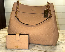 NWT Coach Lexy Signature Leather Embossed Chain Bag with Matching Wallet (Beige)