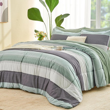 Queen Comforter Set Sage Green - 7 Pieces Green Striped Bed in a Bag, Soft Micro