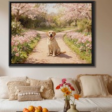 Floral Still Life Oil Painting Dog Labrador Canvas Print Garden Wall Decor Art