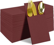 25 Person Disposable Burgundy Linen-Feel Dinner Napkins with Knife Fork