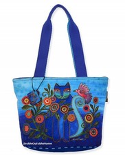 Laurel Burch Cerulean Blue Cat Bird Flowers Charm on Strap MEDIUM Tote Bag NEW