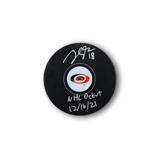 Jack Drury Autographed Carolina Hurricanes Hockey Puck Inscribed NHL Debut