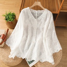 Donna Pizzo Ricamato Cardigan Camicetta 3/4 Maniche Puro Prendisole Top Estate