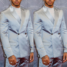 Blue Men's Suit Silk Satin Peak Lapel Evening Banquet 2Pcs Double Breasted